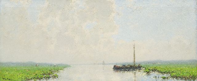 Cornelis Kuijpers | Angelegter Lastkahn in weiten Flusslandschaften, Öl auf Leinwand, 45,7 x 108,6 cm, Unterzeichnet u.l.