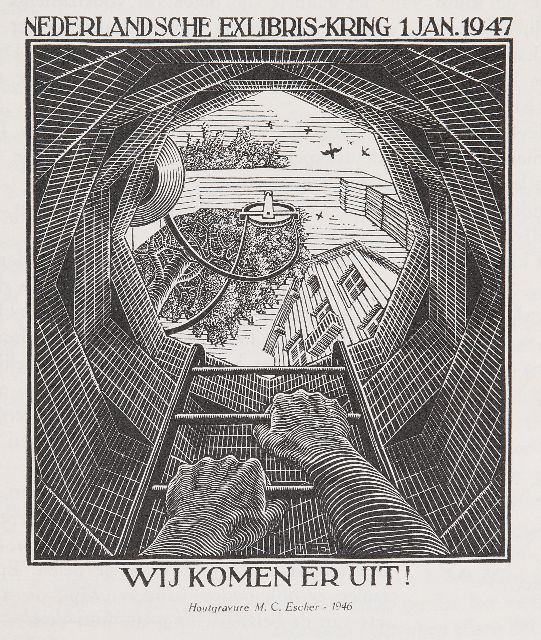 Escher M.C.  | Wij komen er uit! Illustration im Gedenkbuch der Holländische Exlibris-Kring, 1947, Holzstich 12,0 x 10,0 cm