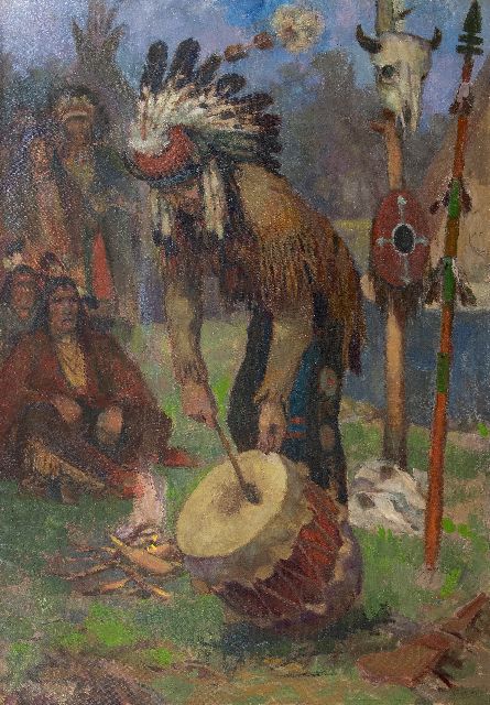 Amerikaanse School, 20e eeuw | Trommelnder Medizinmann des Indianerstamms, Öl auf Leinwand, 128,0 x 89,8 cm