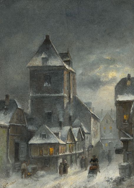 Charles Leickert | Winterliches Stadtbild am frühen Abend, Öl auf Leinwand, 42,6 x 30,6 cm, Unterzeichnet u.l. und um 1895