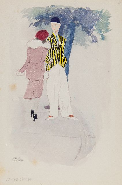 Moerkerk H.A.J.M.  | Junge Liebe, Bleistift und Aquarell auf Papier 25,5 x 17,0 cm, Unterzeichnet u.l.