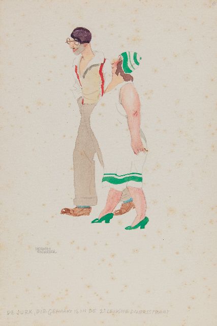 Herman Moerkerk | Amsterdamer flanieren in Zandvoort: das Kleid, das in der 2e Leidsche Dwarsstraat gehäkelt wurde, Bleistift und Aquarell auf Papier, 25,5 x 17,0 cm, Unterzeichnet u.l.