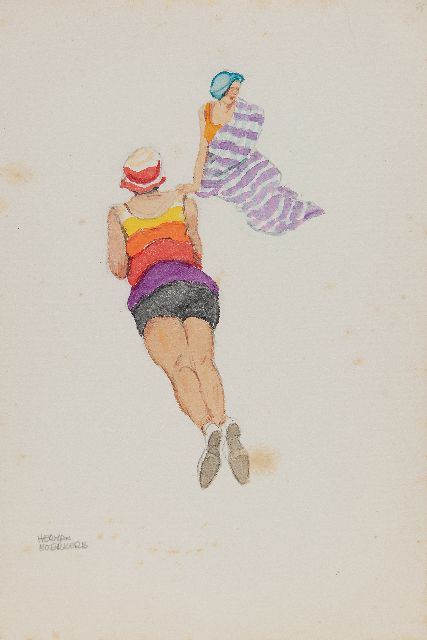Herman Moerkerk | Zwei junge Damen am Strand von Zandvoort, Bleistift und Aquarell auf Papier, 25,5 x 17,1 cm, Unterzeichnet u.l.