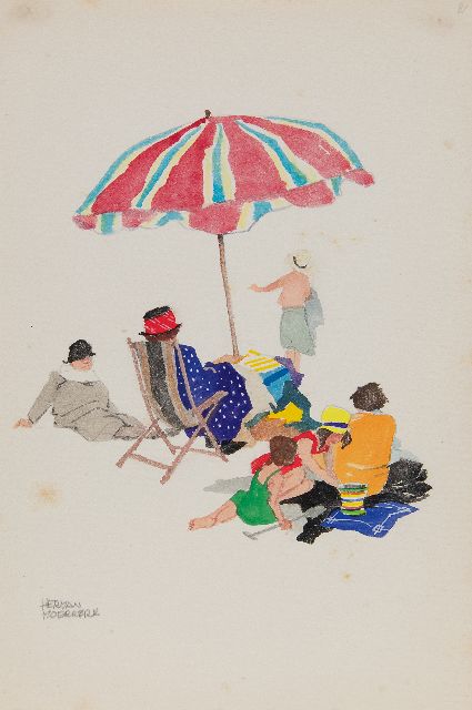 Herman Moerkerk | Unter Mutters Sonnenschirm in Zandvoort, Bleistift und Aquarell auf Papier, 25,5 x 17,1 cm, Unterzeichnet u.l.