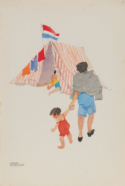 Herman Moerkerk | Das rot-weiße Zelt mit der niederländischen Flagge, Bleistift und Aquarell auf Papier, 25,6 x 17,3 cm, Unterzeichnet u.l.