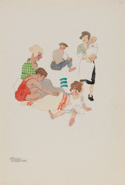 Herman Moerkerk | Alle zusammen zum Strand, Bleistift und Aquarell auf Papier, 25,5 x 17,1 cm, Unterzeichnet u.l.