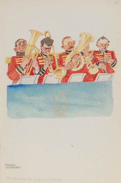 Herman Moerkerk | Die Hooppapa-Band des Zirkus Olympia Palace, Bleistift und Aquarell auf Papier, 25,6 x 17,1 cm, Unterzeichnet u.l.