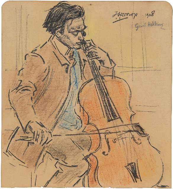 Jan Toorop | Gerard Hekking Cello spielend, Schwarze und Farbkreide auf Papier, 21,6 x 19,7 cm, Unterzeichnet o.r. und datiert 1908