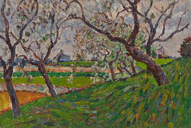 Anrooy J.A.M. van | Landschaft mit blühenden Bäumen, Öl auf Leinwand 24,7 x 36,0 cm, Unterzeichnet u.l.