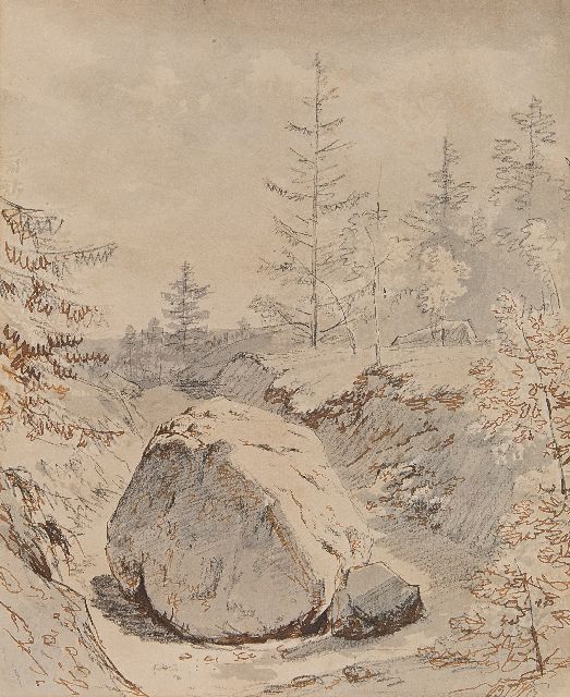 Barend Cornelis Koekkoek | Landschaft mit Felsbrocken, washed ink, brown ink and chalk on paper, 26,1 x 21,3 cm, Unterzeichnet u.r. mit Initialen