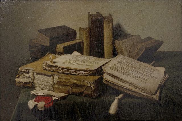 Jan Eversen | Stilleben mit Büchern und einer Tonpfeife, Öl auf Holz, 40,2 x 60,0 cm, Unterzeichnet u.l. und datiert 3-44