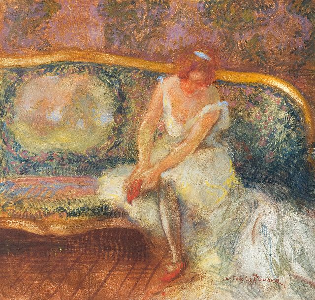 La Touche G.  | Sitzende Ballerina, Kreide und Gouache auf Holzfaser 23,1 x 24,3 cm, Unterzeichnet r.u.