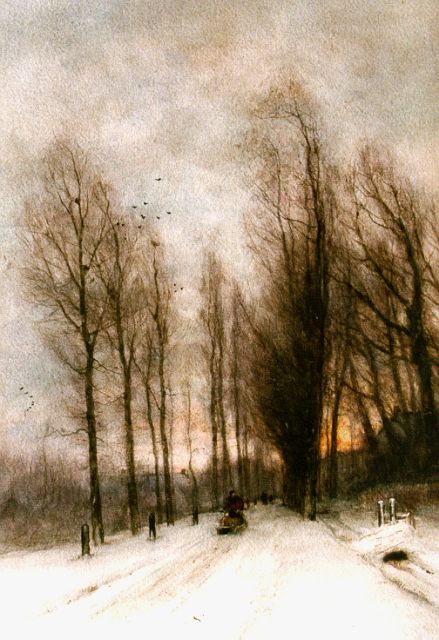 Louis Apol | A snow-covered country lane, Aquarell auf Papier, 54,0 x 38,0 cm, signed l.l.