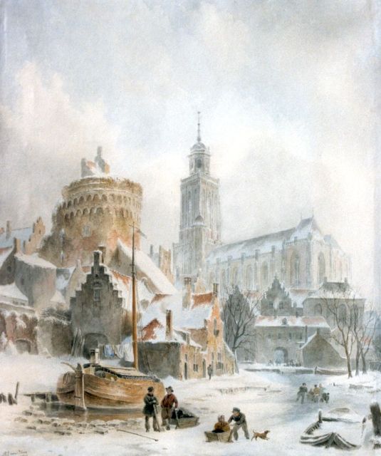 Hove B.J. van | A view of the city gate and church of Deventer, Aquarell auf Papier 47,0 x 40,0 cm, signed l.l. und dated 1845