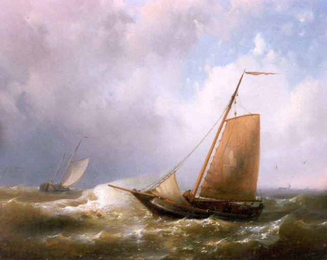 Abraham Hulk | Sailing vessels on choppy waters, Öl auf Holz, 20,2 x 24,8 cm, signed l.l.