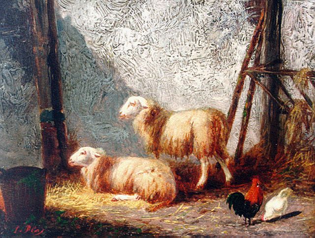 Louwerencius Plas | Sheep and chickens in a stable, Öl auf Holz, 11,5 x 15,4 cm, signed l.l.