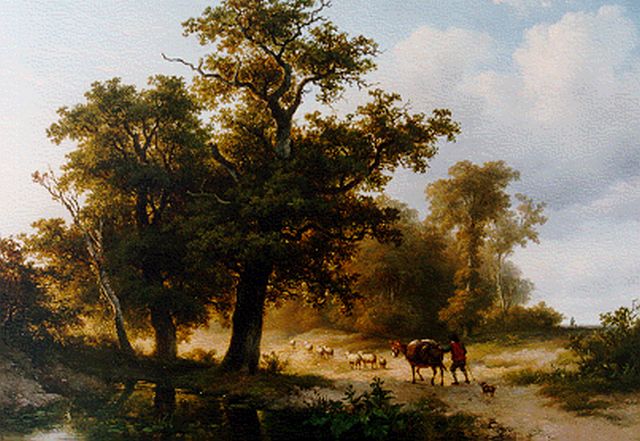 Verboeckhoven E.J.  | A shepherd with flock in a wooded landscape, Öl auf Holz 26,4 x 34,8 cm