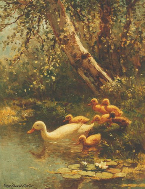 Constant Artz | A hen and ducklings watering, Öl auf Holz, 24,1 x 18,0 cm, signed l.l.