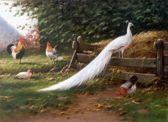 Marinus Adrianus Koekkoek II | A peacock and chickens on a yard, Öl auf Leinwand, 28,4 x 38,4 cm, signed l.r. und dated 1912