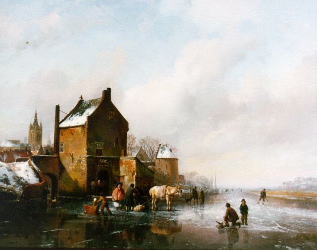 Hendrikus van de Sande Bakhuyzen | A frozen waterway, Delft in the distance, Öl auf Holz, 43,7 x 56,8 cm, signed l.l. und dated 1836