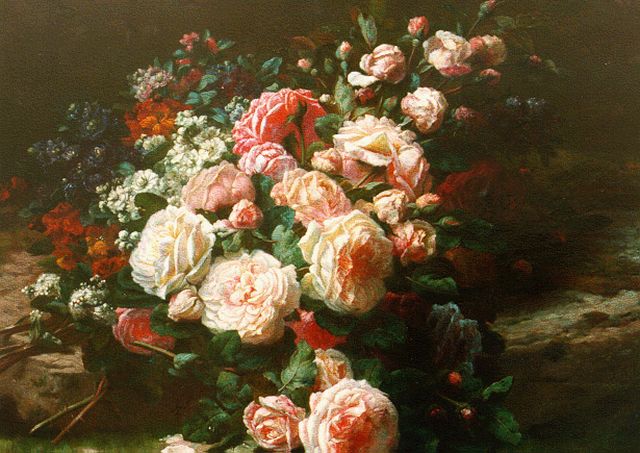 Jean-Baptiste Robie | Bouquet of roses, Öl auf Holz, 55,4 x 67,3 cm, signed l.r.