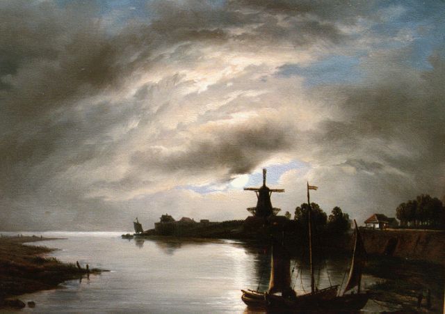 Louis Meijer | A moonlit river landscape, Öl auf Holz, 23,5 x 30,0 cm, signed l.l.