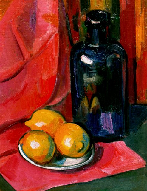 Wiegman M.J.M.  | A still life with a bottle and three lemons, Öl auf Leinwand 40,0 x 30,0 cm, signed l.r.