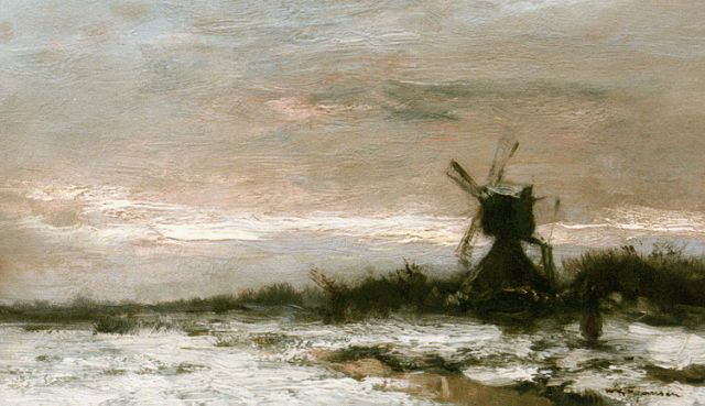 Willem George Frederik Jansen | A windmill in a snow-covered polder landscape, Öl auf Malereifaser, 20,6 x 34,5 cm, signed l.r.