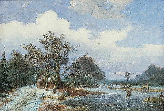 Marinus Adrianus Koekkoek I | Skaters on a frozen waterway, Öl auf Holz, 23,8 x 35,1 cm, signed l.r. und dated 1859