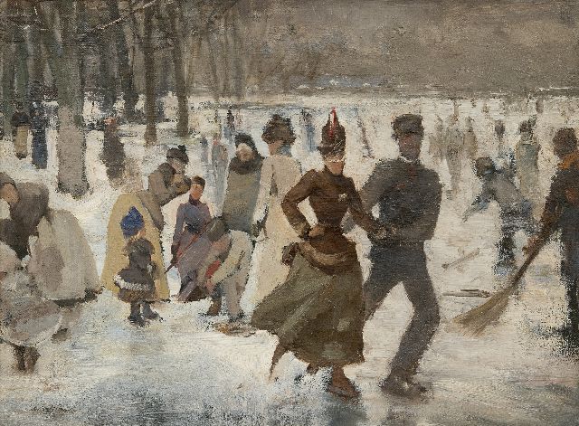 Johan Antoni de Jonge | Eisvergnügen auf einem Waldteich, Öl auf Leinwand auf Holz, 31,0 x 41,6 cm