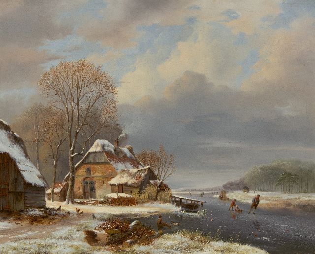 Nicolaas Roosenboom | Winterlicher Flussansicht mit Schlittschuhläufern bei einem Bauernhof, Öl auf Leinwand, 71,2 x 87,7 cm, Unterzeichnet u.l.
