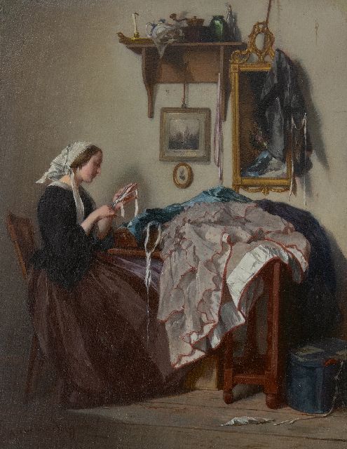 Alexander Hugo Bakker Korff | Die junge Näherin, Öl auf Tafel, 18,5 x 14,4 cm, Unterzeichnet u.l. und zu datieren um 1864