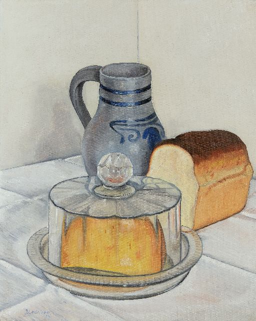 Jo Lodeizen | Stilleben mit Krug, Weißbrot und Käse unter einer Glasglocke, Öl auf Leinwand, 50,4 x 40,2 cm, Unterzeichnet u.l. und datiert '33