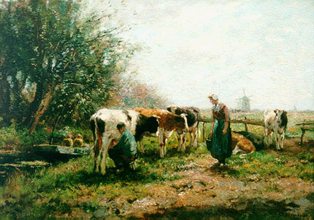 Bouter C.W.  | Milking time, Öl auf Leinwand 50,5 x 70,6 cm, signed l.r.