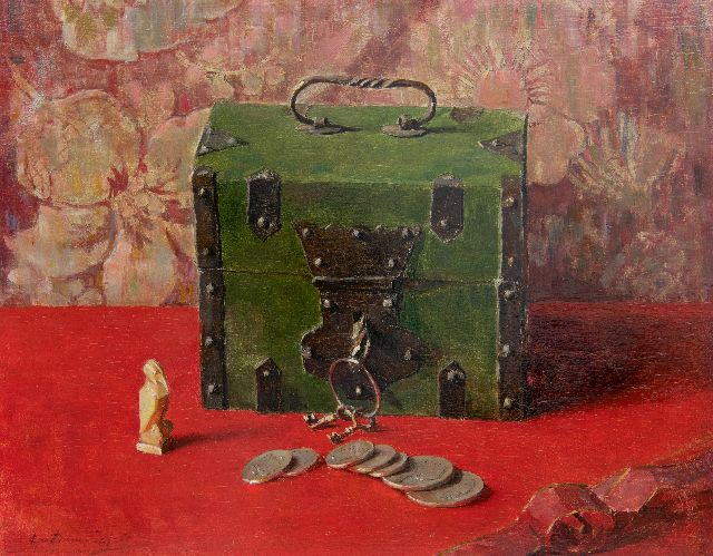 Lucie van Dam van Isselt | Stilleben mit grüner Geldkassette, Öl auf Holz, 31,1 x 39,5 cm, Unterzeichnet u.l.