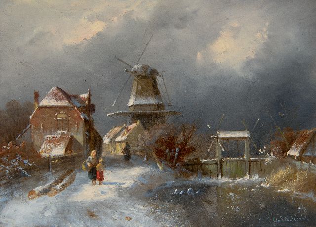 Leickert C.H.J.  | Winterlandschaft mit Figuren an einer Schleuse, Öl auf Holz 19,3 x 26,0 cm, Unterzeichnet u.r.