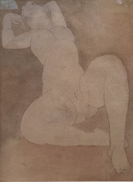 Toon Kelder | Liegender weiblicher Akt, Feder, Tinte, Kreide und Aquarell auf Papier, 33,7 x 25,2 cm, Unterzeichnet u.l.