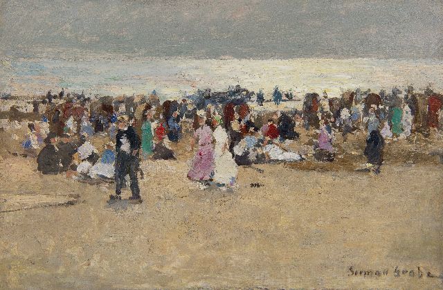 German Grobe | Buntes Badleben am Strand von Katwijk, Öl auf Holz, 23,9 x 36,0 cm, Unterzeichnet u.r.