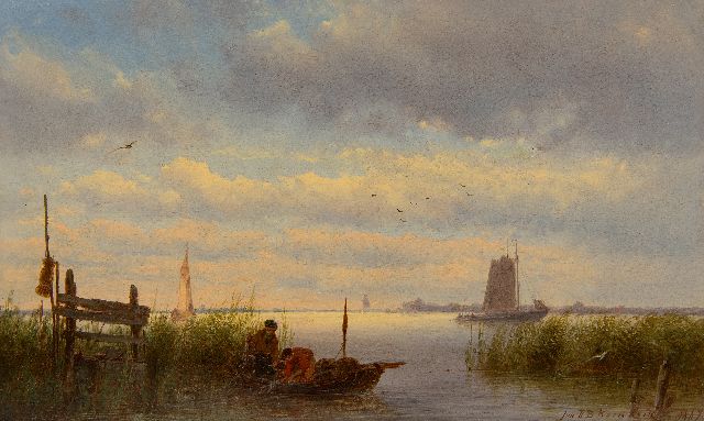 Jan H.B. Koekkoek | Flussblick mit Fischer ihr Fischernetz einholend, Öl auf Holz, 20,2 x 33,5 cm, Unterzeichnet u.r. und datiert 1867