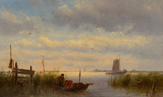 Koekkoek J.H.B.  | Flussblick mit Fischer ihr Fischernetz einholend, Öl auf Holz 20,2 x 33,5 cm, Unterzeichnet u.r. und datiert 1867