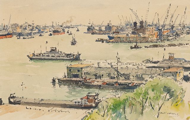 Jan Korthals | Hafenblick, Rotterdam, Aquarell auf Papier, 29,9 x 46,7 cm, Unterzeichnet u.r.