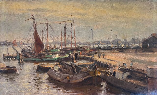 Bernard Pothast | Blick auf den geschäftigen Hafen mit festgemachten Flachbodenbooten, Öl auf Leinwand auf Holz, 26,0 x 44,0 cm, Unterzeichnet u.r.