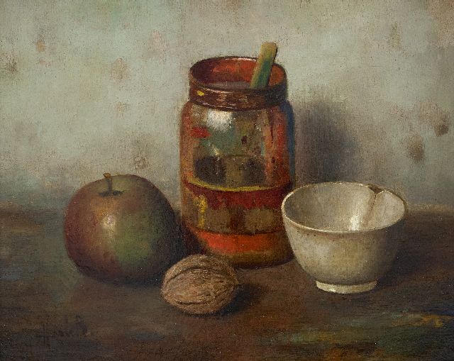 Bos H.  | Stilleben mit Apfel und Walnuss, Öl auf Leinwand 24,8 x 31,1 cm, Unterzeichnet u.l.