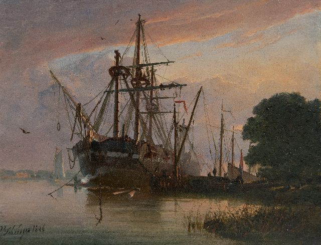 Schiedges P.P.  | Angedockter Dreimaster bei Sonnenuntergang, Öl auf Holz 16,2 x 20,9 cm, Unterzeichnet u.l. und datiert 1846