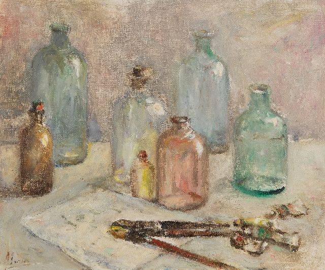 Coba Surie | Stilleben mit Flaschen und Malutensilien, Öl auf Leinwand, 50,3 x 60,0 cm, Unterzeichnet u.l.