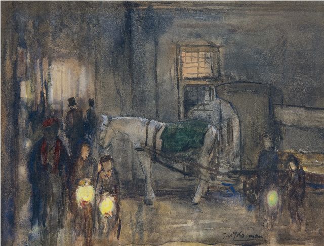 Jac. J. Koeman | Straßenszene mit Figuren und Pferdewageim Abend, chalk and acrylic on paper, 28,0 x 37,0 cm, Unterzeichnet u.r. und im Verso