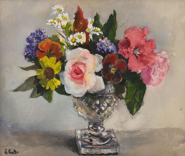 Arntzenius E.C.  | Sommerblumen in einer Kristallvase, Aquarell auf Papier 27,0 x 32,0 cm, Unterzeichnet u.l. mit Initialen