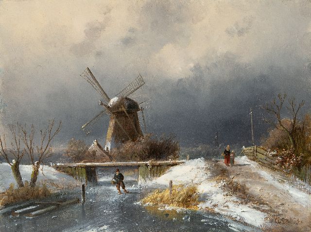Charles Leickert | Skater auf einem zugefrorenen Fluss bei einer Windmühle, Öl auf Holz, 19,2 x 26,0 cm, Unterzeichnet u.r.