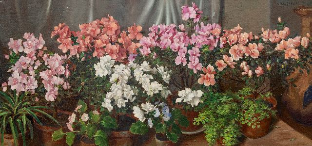 Willy Fleur | Stillleben mit blühenden Azaleen auf einem Tisch, Öl auf Leinwand, 60,0 x 119,9 cm, Unterzeichnet o.r.
