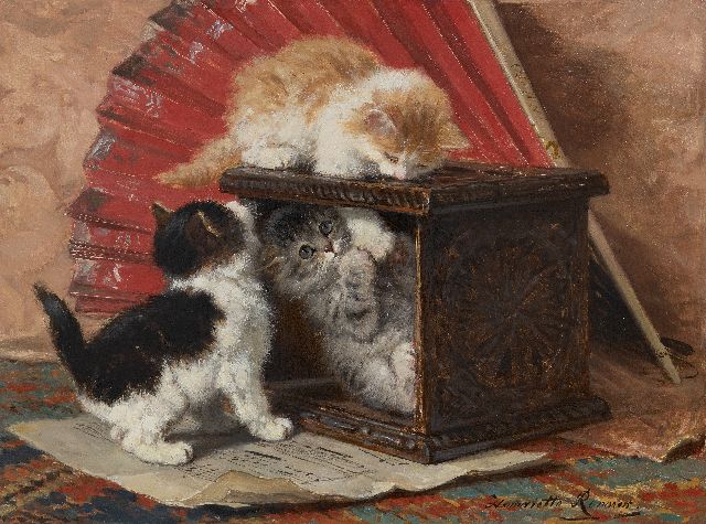 Henriette Ronner | Stilleben mit drei spielende Kätzchen, Öl auf Tafel, 33,3 x 44,7 cm, Unterzeichnet u.r.